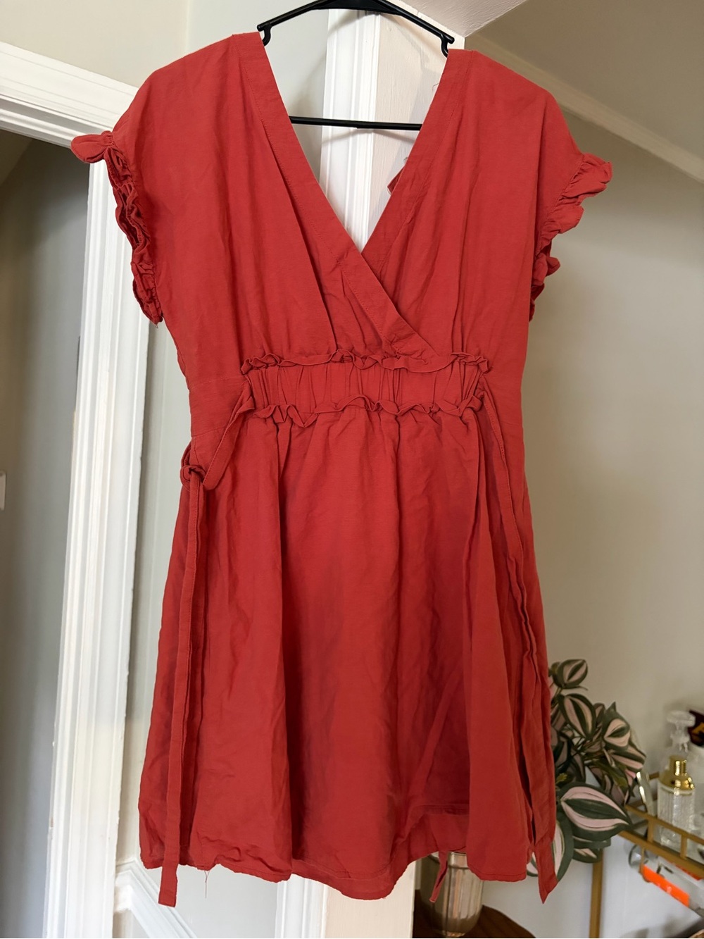 entro Rust-Red Short Dress with Surplice Neckline